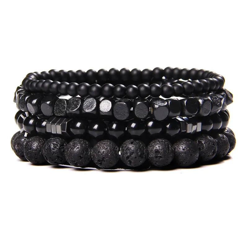 Natural Stone Beads Men Bracelet Multilayer Black Lava/Onyx/Charms