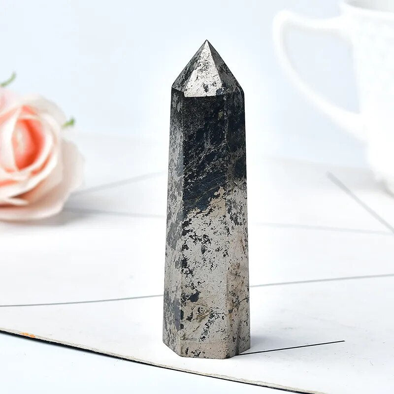 Natural Hematite Crystal Point Healing Stone Obelisk Pyrite Quartz Wand