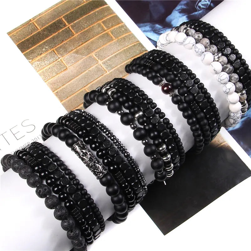 Natural Stone Beads Men Bracelet Multilayer Black Lava/Onyx/Charms