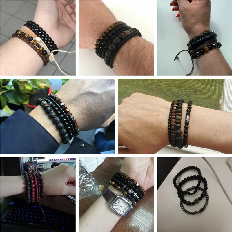 Natural Stone Beads Men Bracelet Multilayer Black Lava/Onyx/Charms