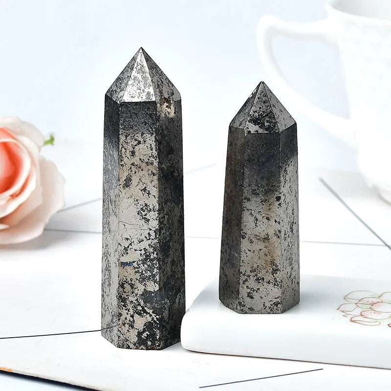 Natural Hematite Crystal Point Healing Stone Obelisk Pyrite Quartz Wand