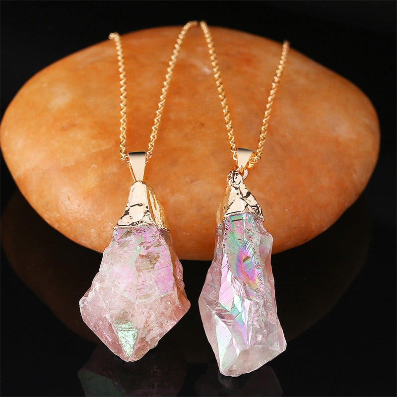 Irregular Rainbow Reiki Healing Crystal Stone Pendant Necklace 1pc