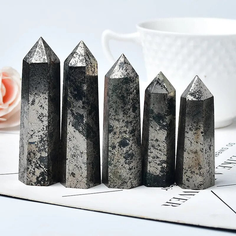 Natural Hematite Crystal Point Healing Stone Obelisk Pyrite Quartz Wand