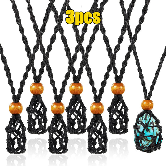 3pc Adjustable Necklace Cord Empty Meditation Stone Holder Wax Rope Necklace