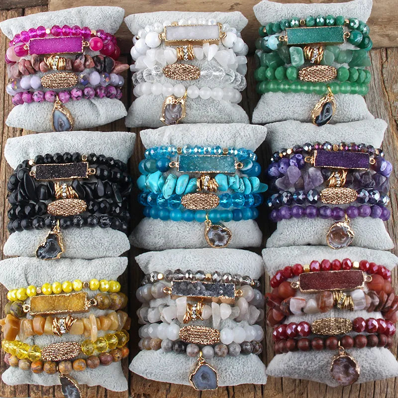 Crystal Glass Beaded Bracelet Sets Charm 5pc Stack Bracelets Set