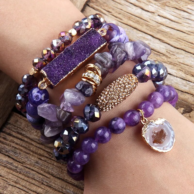 Crystal Glass Beaded Bracelet Sets Charm 5pc Stack Bracelets Set