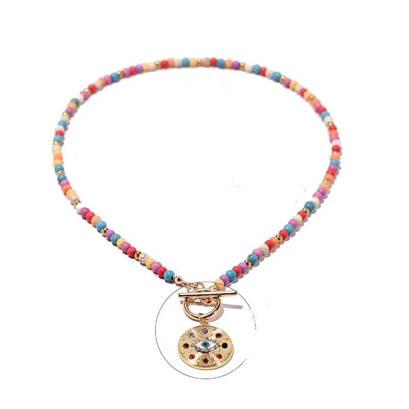 Colorful Stone Bead Choker Necklace for Women Evil Charm