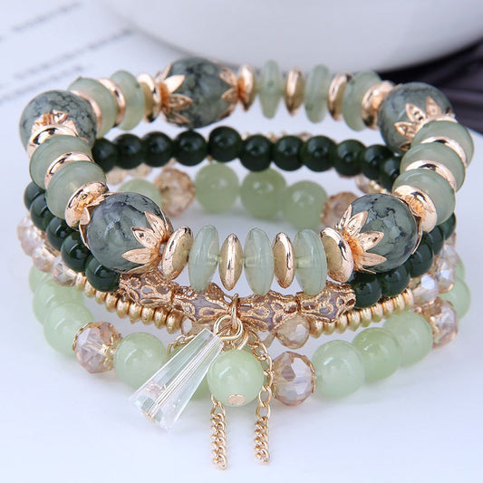 Trendy Multicolor Green Crystal Beads Rope Bracelets Tassel Wrap Bracelet