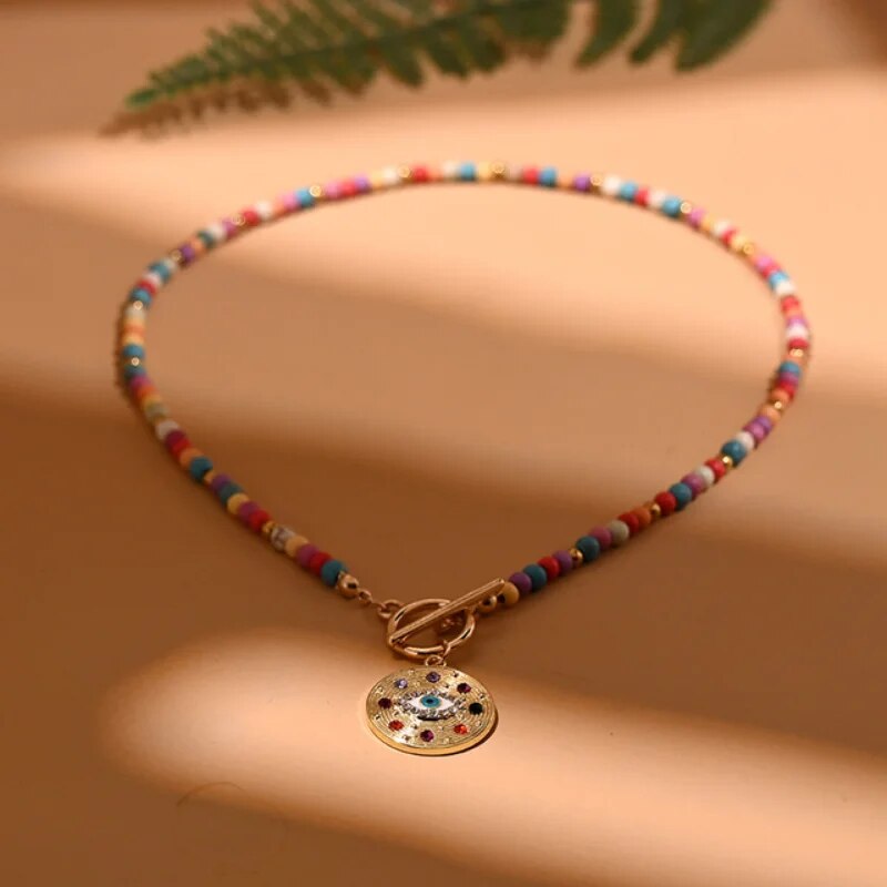 Colorful Stone Bead Choker Necklace for Women Evil Charm