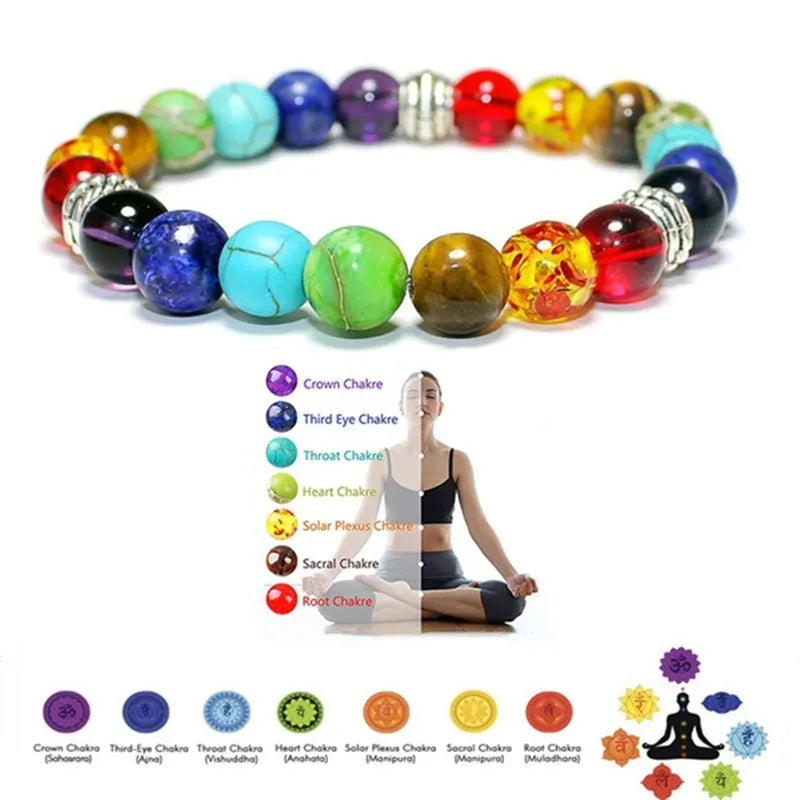 Classic 7 Chakra Beads Bracelet Natural Stone Black Rope Braided