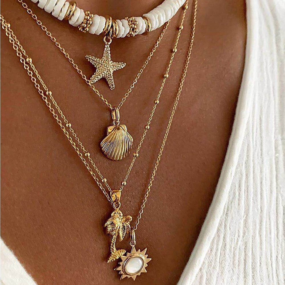 Bohemia Soft Clay Shell Star Sun Pendant Layered Necklace