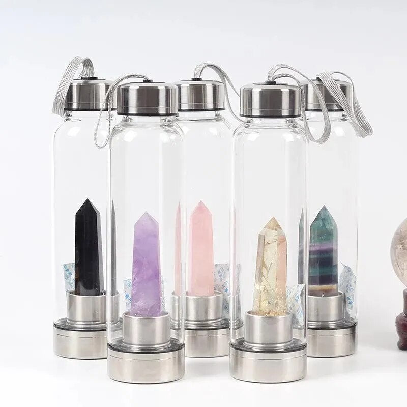 Natural 500ML Crystal Water Bottle Quartz Gem Stick