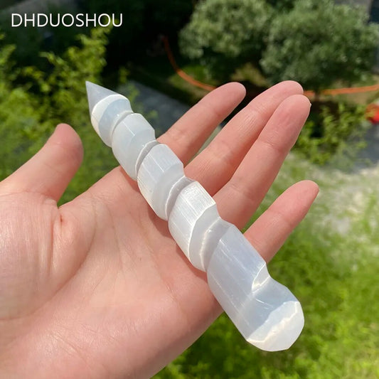 Selenite Spiral Wand White Gypsum Energy Massage Stick For Cleansing Meditation